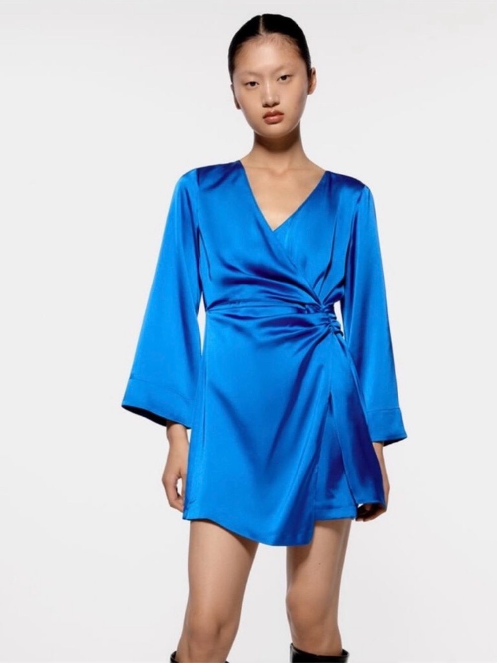 ZARA Blue Satin Ruched Wrap Mini Dress